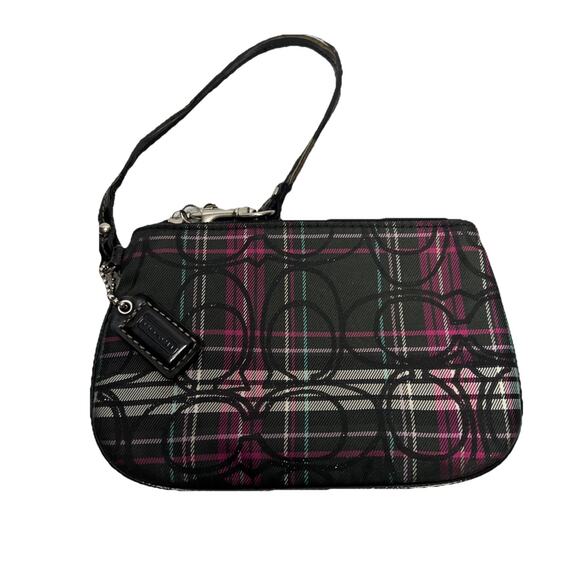 COACH Wristlet Plaid Pink Black Signature Tartan Universal Pouch Bag Charm - Picture 1 of 10